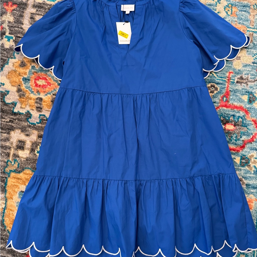 Sugarlips Cobalt Blue Scallop Tiered Mini Dress with White Trim